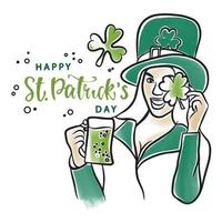 fille avec trèfle et verre de bière, vacances carte, content Saint patricks jour, lutin chapeau vecteur