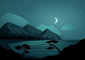Montagne nuit paysage avec collines, lac, lune et étoiles. vecteur plat conception paysage illustration