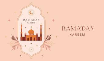 Ramadan kareem bannière, carte, affiche conception. moderne géométrique minimaliste conception avec mosquée, croissant, étoiles dans le ciel, arches les fenêtres. vecteur illustration.