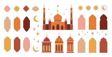 collection de éléments, symboles et Icônes dans le Oriental style de Ramadan kareem et eid moubarak. islamique les fenêtres et arcs, mosquée, étoiles et croissant, mosquée dômes et lanternes. vecteur