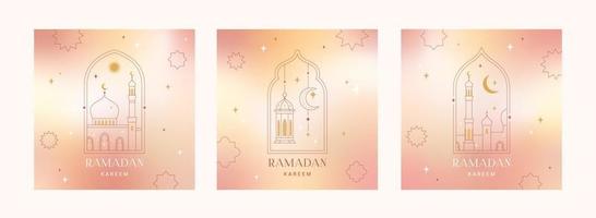 Ramadan kareem carte, affiche, vacances couvertures. collection de islamique salutation cartes, bannière modèle. moderne magnifique conception dans géométrique minimaliste style. branché pente, cadres, étoiles, arcs. vecteur