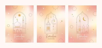 Ramadan kareem carte, affiche, vacances couverture ensemble. collection islamique salutation cartes, bannière modèle. moderne conception dans géométrique minimaliste style. branché pente, cadres avec étoiles, arches.imal s vecteur