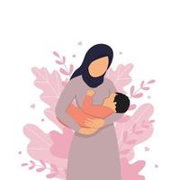 illustration de allaitement maternel, une mère dans une hijab allaite sa bébé contre le Contexte de la nature et feuilles. conceptuel vecteur illustration dans dessin animé style. monde allaitement maternel semaine.