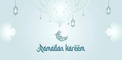 Ramadan kareem Anglais typographie. un islamique salutation texte dans Anglais pour le saint mois de Ramadan kareem islamique Contexte avec moitié lune vecteur