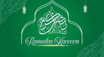 Ramadan kareem Anglais typographie. un islamique salutation texte dans Anglais pour le saint mois de Ramadan kareem islamique Contexte avec moitié lune vecteur
