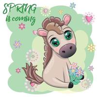 mignonne dessin animé cheval, poney pour carte avec fleurs, printemps est à venir vecteur