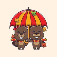 mignonne couple castor avec parapluie à l'automne saison. vecteur