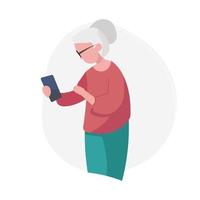 une femme âgée regardant son smartphone. femme âgée faisant un appel vidéo. il apprend à utiliser le téléphone. illustration vectorielle vecteur