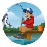 dessin animé garçon profiter pêche dans le Lac vecteur