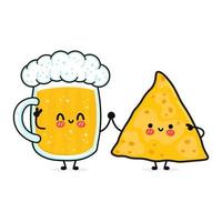 verre heureux mignon et drôle de bière et de nachos. personnages de kawaii de dessin animé dessinés à la main de vecteur, icône d'illustration. verre de dessin animé drôle de concept d'amis de mascotte de bière et de nachos vecteur