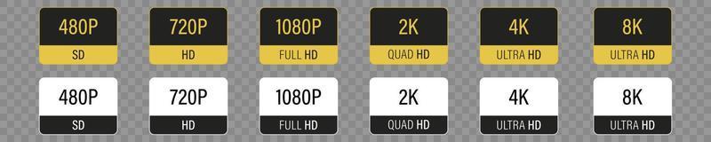 écran afficher résolution. 480p Dakota du Sud, 720p HD , 1080p FHD, 2k quad HD, 4k ultra HD, 8k ultra HD, collection Icônes. vecteur illustration