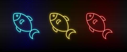 néon icône ensemble poisson, aliments. ensemble de rouge, bleu, Jaune néon vecteur icône sur foncé Contexte