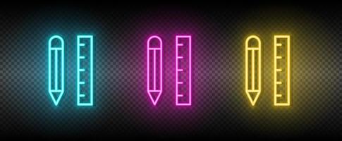 application, crayon, règle vecteur icône jaune, rose, bleu néon ensemble. outils vecteur icône sur foncé transparence Contexte