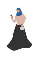 musulman femme portant ethnique costumes est en marchant avec mobile téléphone, musulman femme utilisation mobile téléphone vecteur illustration.