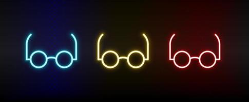 intelligent, lunettes, lis néon icône ensemble. ensemble de rouge, bleu, Jaune néon vecteur icône sur foncé transparent Contexte