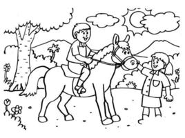 vecteur illustration de une enfant équitation une cheval dans le parc avec ami ligne art. adapté pour coloration livre, coloration pages, affiche, bannière, etc