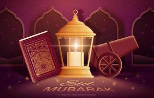 3d illustration de islamique vacances fête bannière. carte disposition conception avec magnifique islamique lanterne, le saint coran et Ramadan canon sur cambre Contexte. vecteur