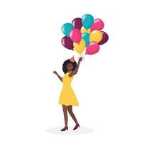 africain américain femme dans une papier chapeau avec hélium des ballons. fête, faire la fête, anniversaire, anniversaire, vacances, un événement concept. vecteur