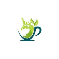 café ou thé tasse logo avec une feuille sur il vecteur