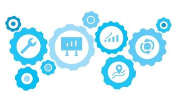 connecté engrenages et vecteur Icônes pour la logistique, service, expédition, distribution, transport, marché, communiquer concepts. bulle discuter, rafraîchir équipement bleu icône ensemble sur blanc Contexte