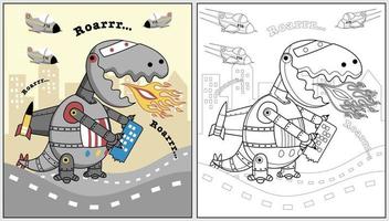 dinosaure robot attaque ville avec avion, vecteur dessin animé illustration, coloration livre ou page