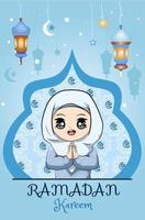 petite fille musulmane ramadan kareem fond bleu vecteur