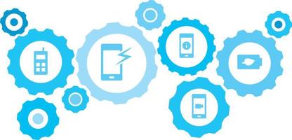 connecté engrenages et vecteur Icônes pour la logistique, service, expédition, distribution, transport, marché, communiquer concepts. charge, écologie, batterie équipement bleu icône ensemble sur blanc Contexte