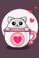 chat kawaii dans la tasse en illustration de dessin animé de la saint-valentin vecteur