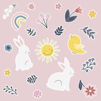 mignonne autocollants avec lapin, fleurs, feuilles et poulet. autocollants pour content Pâques vecteur