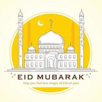 eid mubarak élégant typographie avec lune et mosquée lineart vecteur illustration