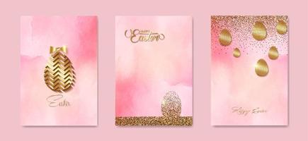 ensemble carte content Pâques or texture, luxe rose aquarelle Contexte. Pâques vacances invitations modèles collection avec main tiré caractères et or Pâques des œufs. vecteur mode illustration