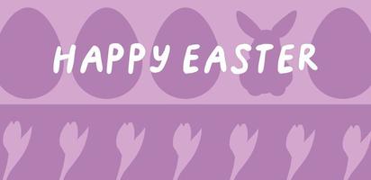 content Pâques vecteur illustration avec œufs, lapin et tulipes. minimaliste monochrome violet bannière
