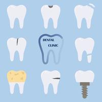 une ensemble de les dents avec divers blessures. en bonne santé et malade dent, carie, cassé racine, plaque, taches, fissures. bannière, affiche pour impression.
