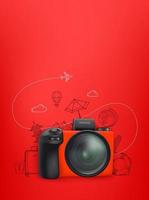 concept de voyage avec des éléments de caméra et de griffonnage rouges. illustration verticale avec espace copie vecteur