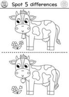 sur le ferme noir et blanc trouver différences Jeu pour les enfants. éducatif ligne activité avec mignonne vache et fleur. rural pays puzzle avec marrant ferme animal. attention compétences coloration page vecteur