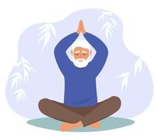 un personnes âgées homme avec une gris barbe est assis dans une lotus position. grand-père Est-ce que yoga. médite. pistes une en bonne santé mode de vie. vecteur graphique.