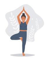 une femme Est-ce que yoga, des stands sur un jambe. des exercices pour méditation, santé, élongation. vecteur plat graphique.