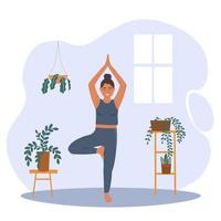 une femme Est-ce que yoga à Accueil dans une chambre, des stands sur un jambe. des exercices pour méditation, santé, élongation. vecteur plat graphique.