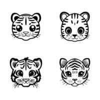 une ensemble de main dessiné, mignonne kawaii tigre tête logos, avec divers expressions et pose dans charmant anime style des illustrations vecteur