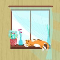 gros chat rouge dormant sur le rebord de la fenêtre, illustration de printemps, fleurs dans des vases en verre, marguerites dans un seau, illustration vectorielle en style cartoon, plat. vecteur