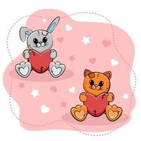 doux petit lapin et chaton avec des coeurs sur fond rose. illustration vectorielle. vecteur