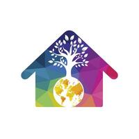 arbre globe avec modèle de conception de logo vectoriel maison. planète et symbole ou icône écologique.
