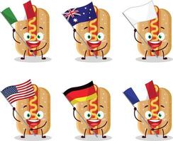 Hot-dog dessin animé personnage apporter le drapeaux de divers des pays vecteur