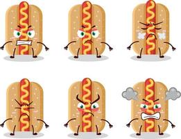 Hot-dog dessin animé personnage avec divers en colère expressions vecteur