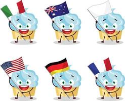 vanille gâteau dessin animé personnage apporter le drapeaux de divers des pays vecteur