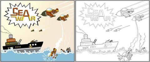 guerre dans le mer, coloration page ou livre, vecteur dessin animé illustration