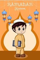 petit garçon musulman portant livre à illustration de dessin animé ramadan kareem vecteur