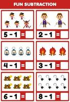 éducation Jeu pour les enfants amusement soustraction par compte et éliminer mignonne dessin animé homme femme lanterne feu chapeau crochet imprimable pirate feuille de travail vecteur