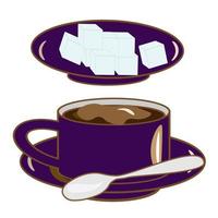 café ensemble. une tasse et une café pot avec sucre et une cuillère sur une soucoupe. café magasin illustration bannière affiche affaires carte. vecteur
