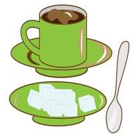 café ensemble. une tasse et une café pot avec sucre et une cuillère sur une soucoupe. café magasin illustration bannière affiche affaires carte. vecteur